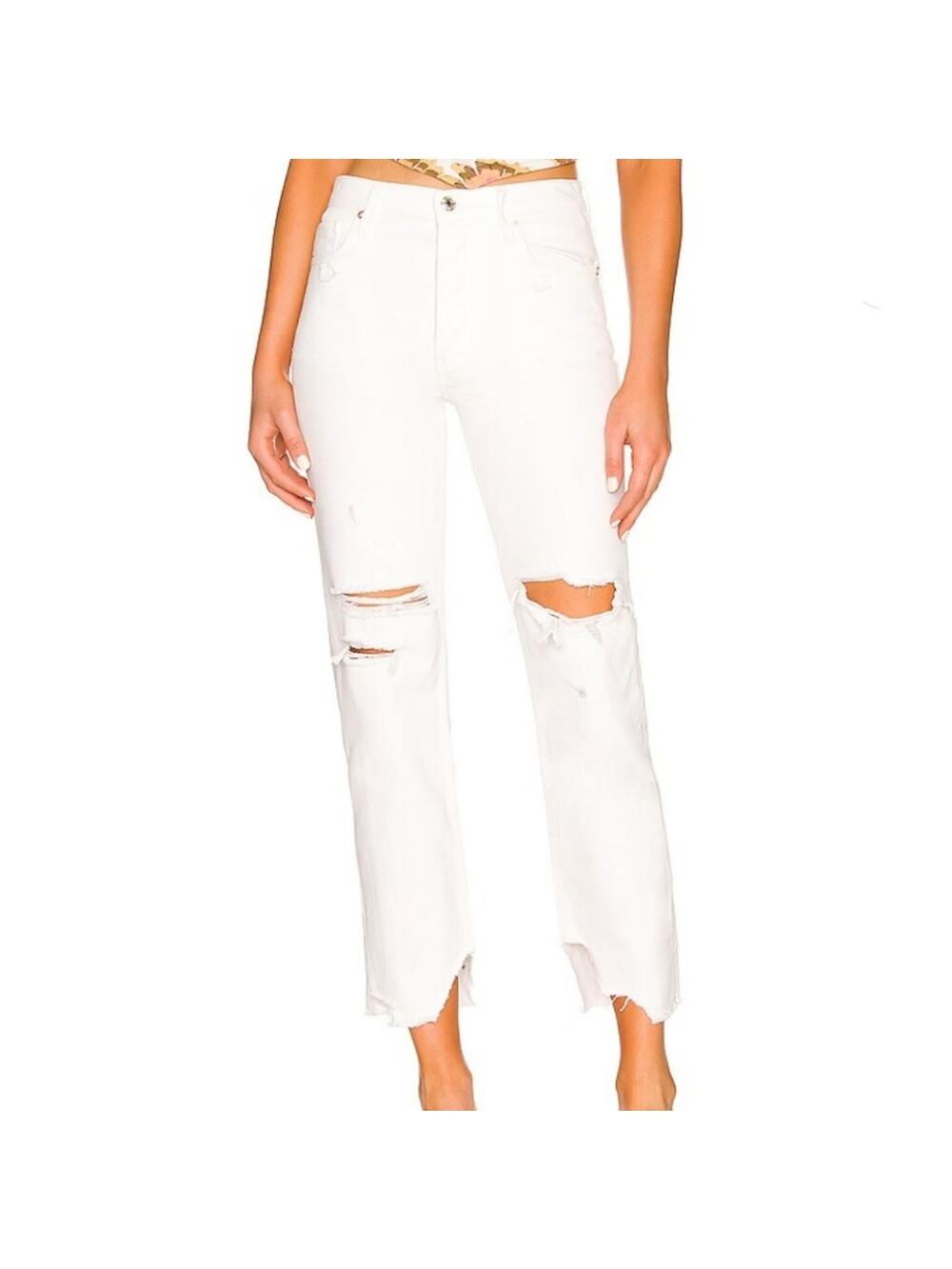 Free People Tapered Baggy Boyfriend Jeans White Distressed Straight Leg Size 26